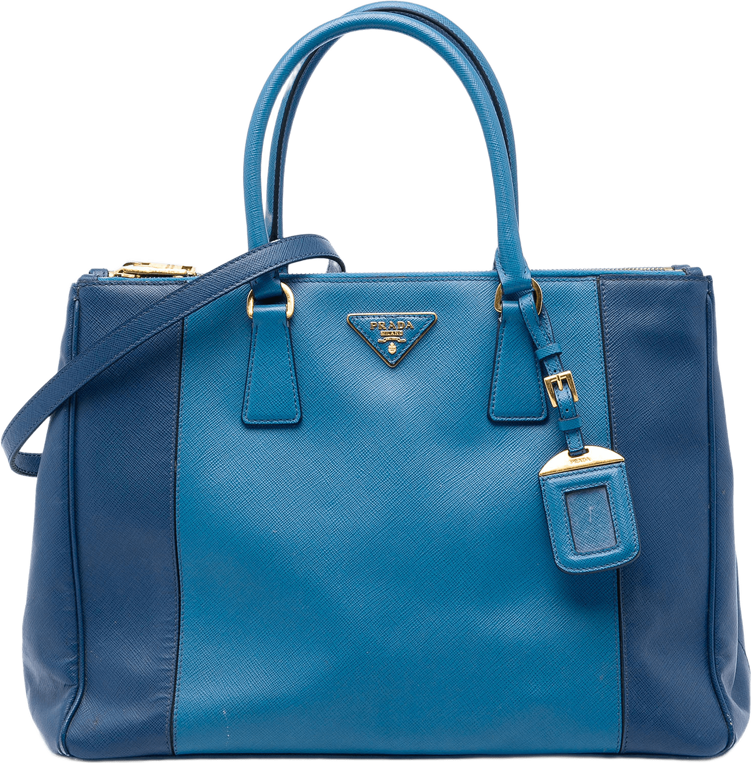 Prada Large Bicolor Saffiano Lux Galleria Double Zip Satchel, från Luxclusif, i färgen blå.