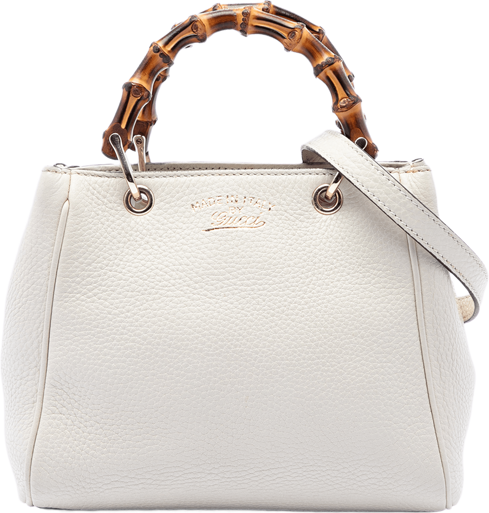Gucci Mini Calfskin Bamboo Shopper Satchel, från Luxclusif, i färgen ivory.