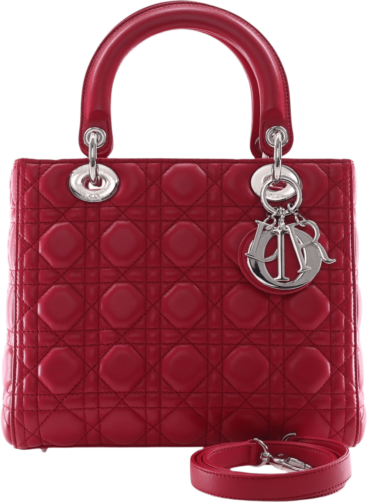Dior Medium Lambskin Cannage Lady Dior, från Luxclusif, i färgen röd.