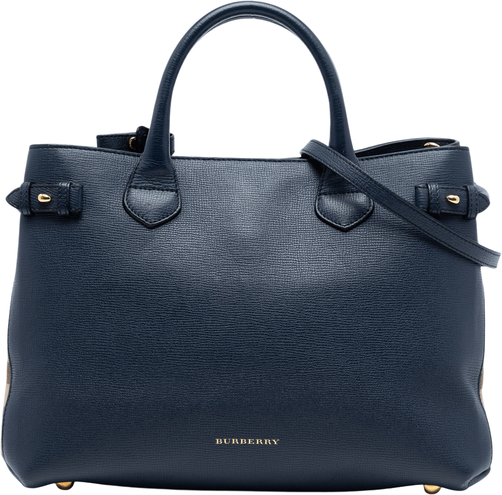 Burberry Medium Leather And House Check Banner Satchel, från Luxclusif, i färgen navy.