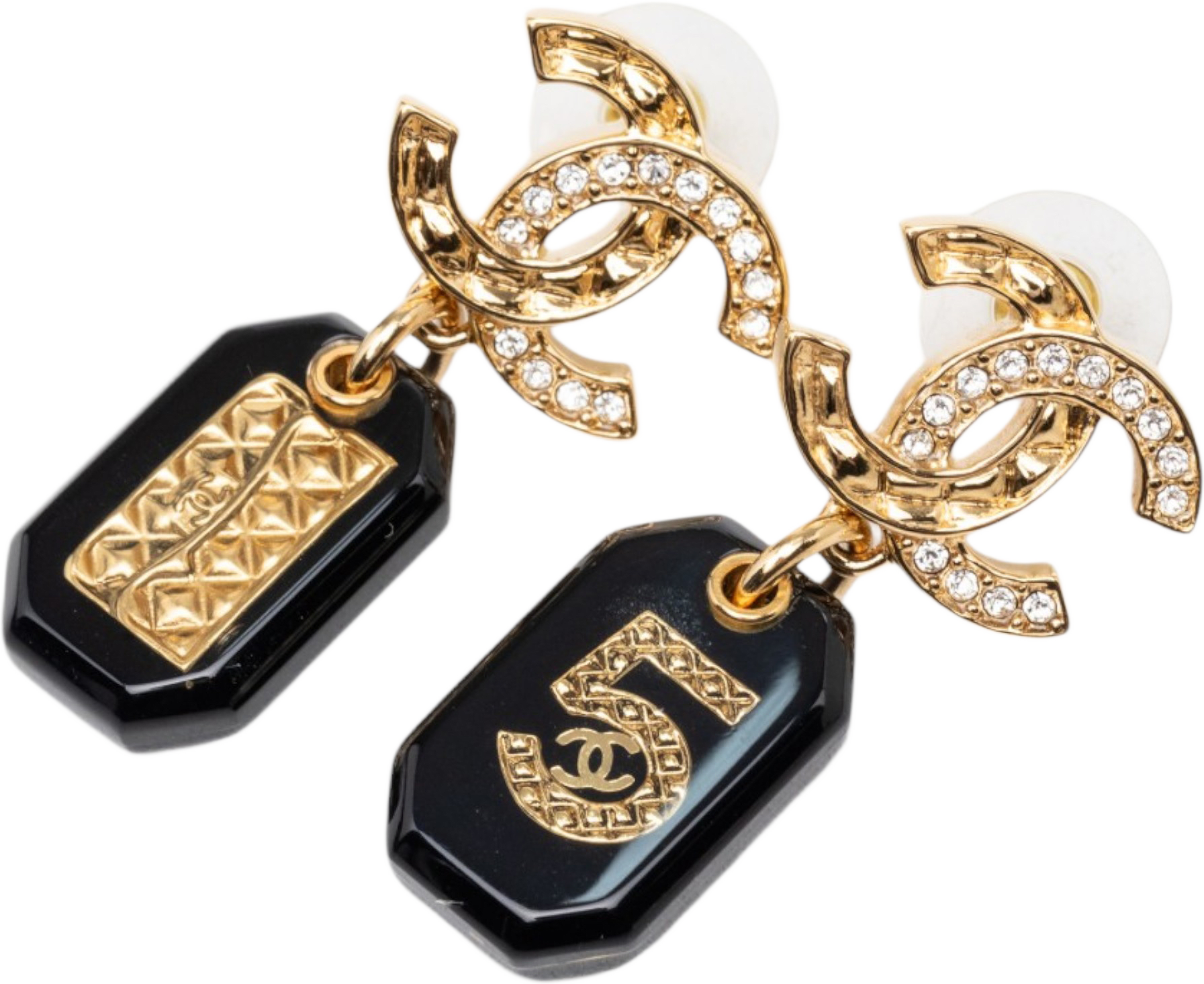 Chanel Cc Gold Plated Strass And Resin No 5 Drop Push Back Earrings, från Luxclusif, i färgen gold.