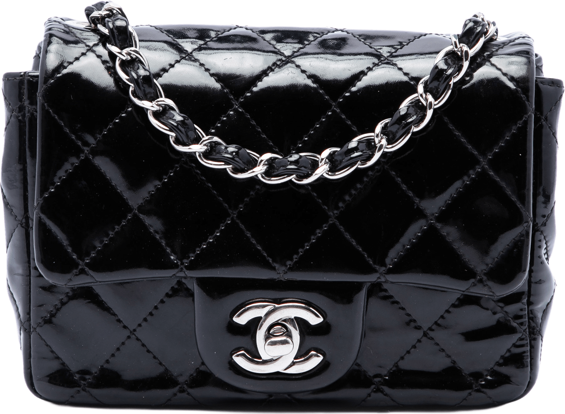 Chanel Mini Square Classic Patent Single Flap, från Luxclusif, i färgen svart.