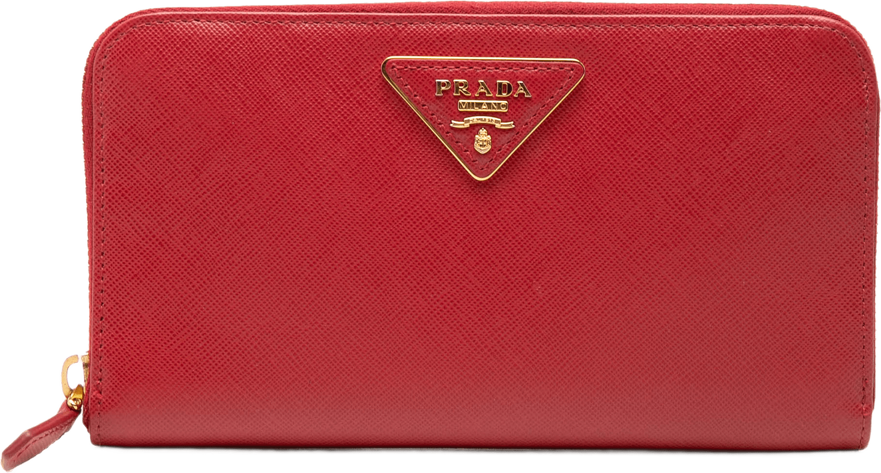 Prada Saffiano Zip Around Long Wallet, från Luxclusif, i färgen red.