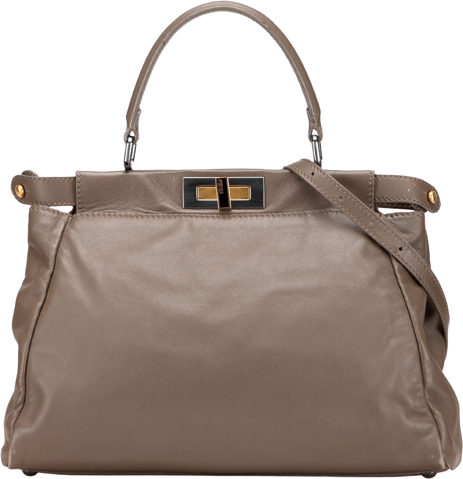 Fendi Medium Calfskin Peekaboo Iconic Satchel, från Luxclusif, i färgen taupe.
