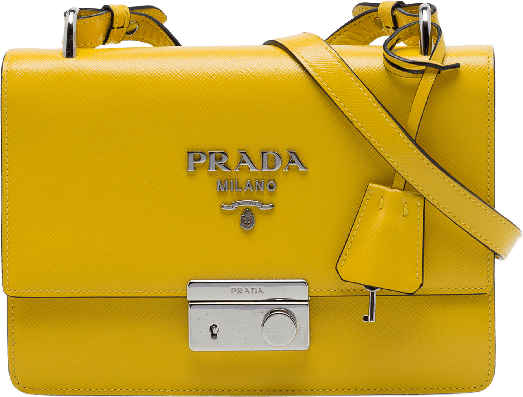 Prada Saffiano Lux Sound Lock Crossbody, från Luxclusif, i färgen gul.