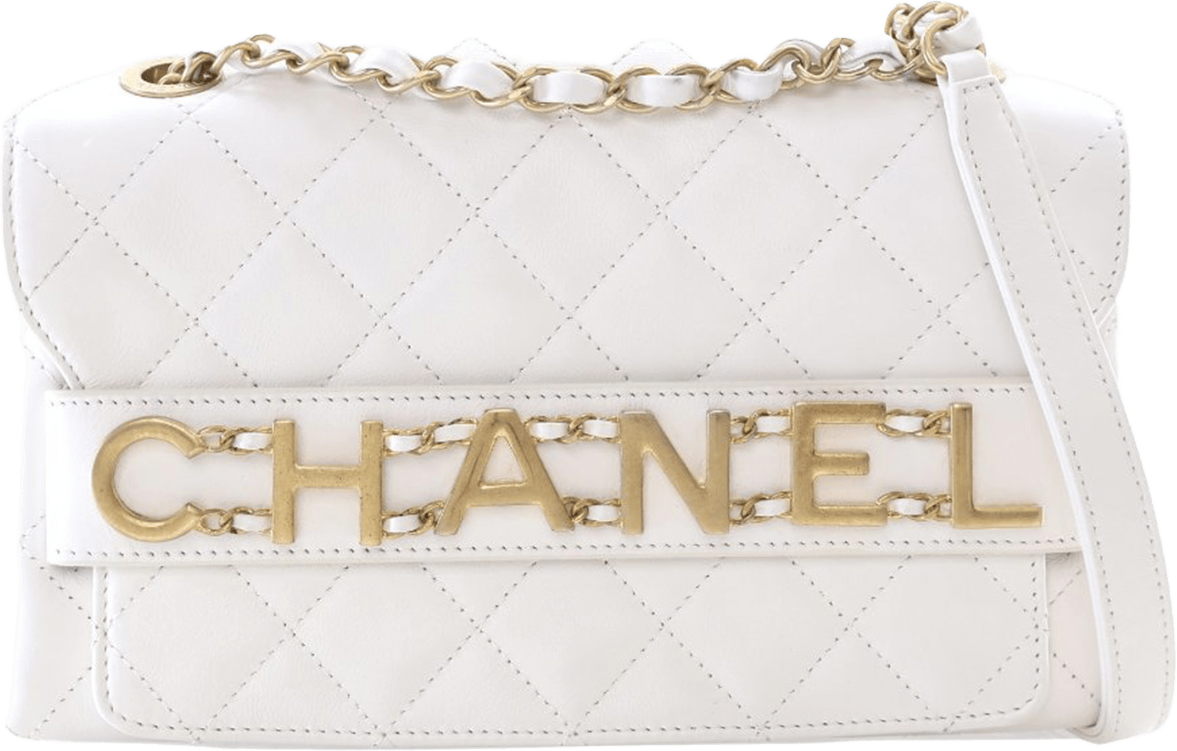 Chanel Medium Quilted Calfskin Logo Enchained Flap, från Luxclusif, i färgen white.