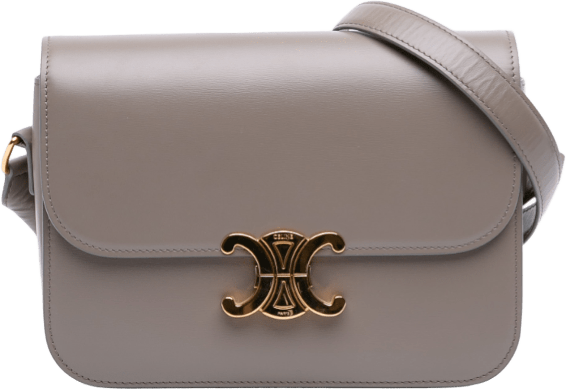 Celine Classique Shiny Calfskin Triomphe Crossbody, från Luxclusif, i färgen taupe.