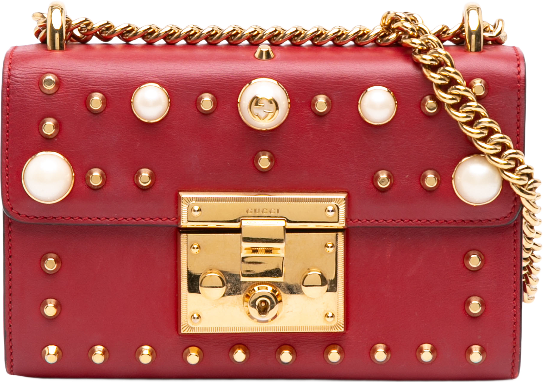 Gucci Small Pearl Studded Leather Padlock Crossbody, från Luxclusif, i färgen röd.