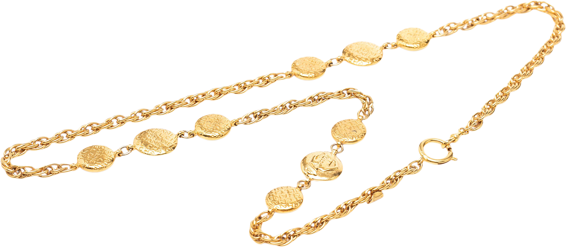 Chanel Gold Plated Mademoiselle Logo Medallion Station Necklace, från Luxclusif, i färgen gold.