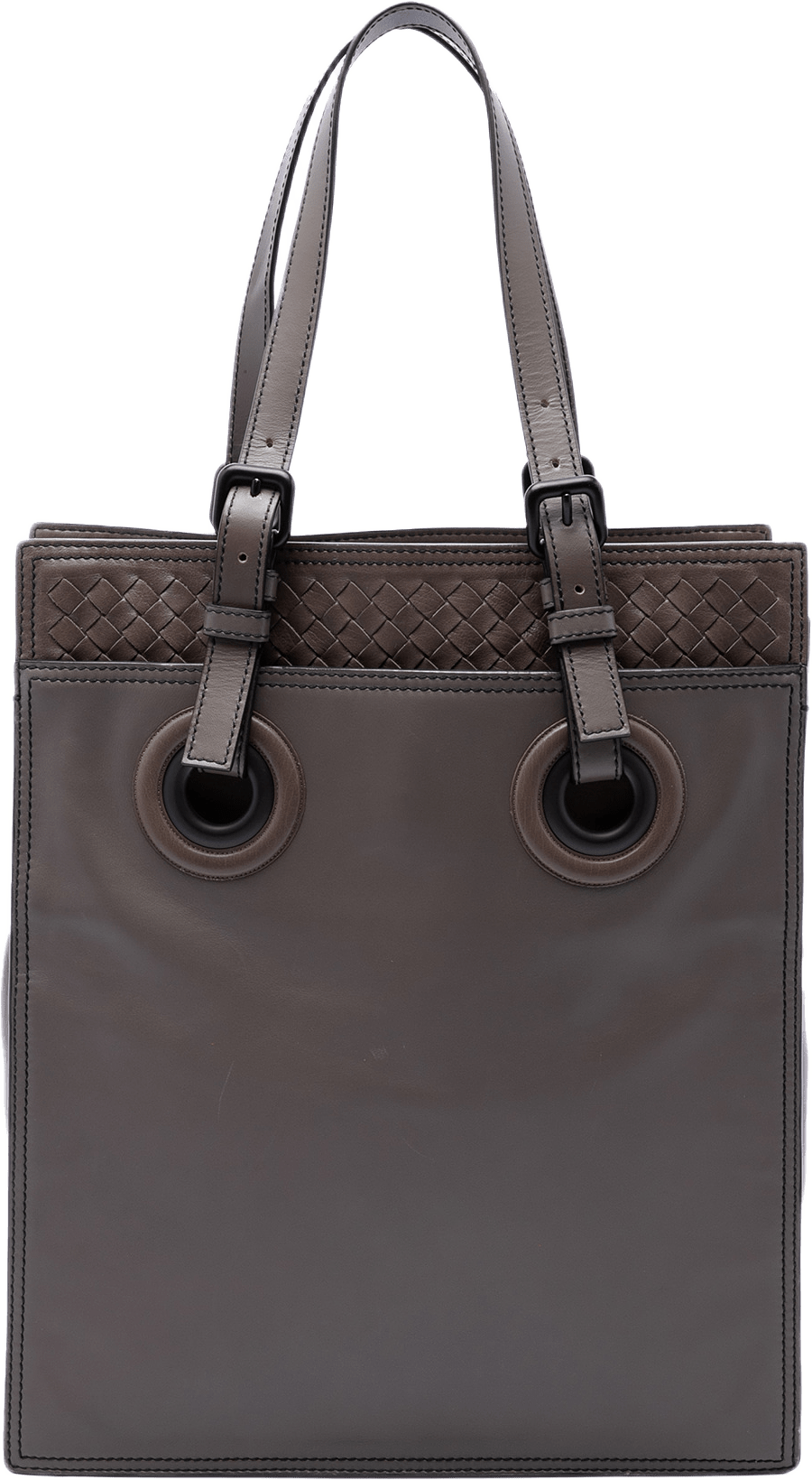Bottega Veneta Intrecciato Trimmed Leather Oculus Tote, från Luxclusif, i färgen brun.