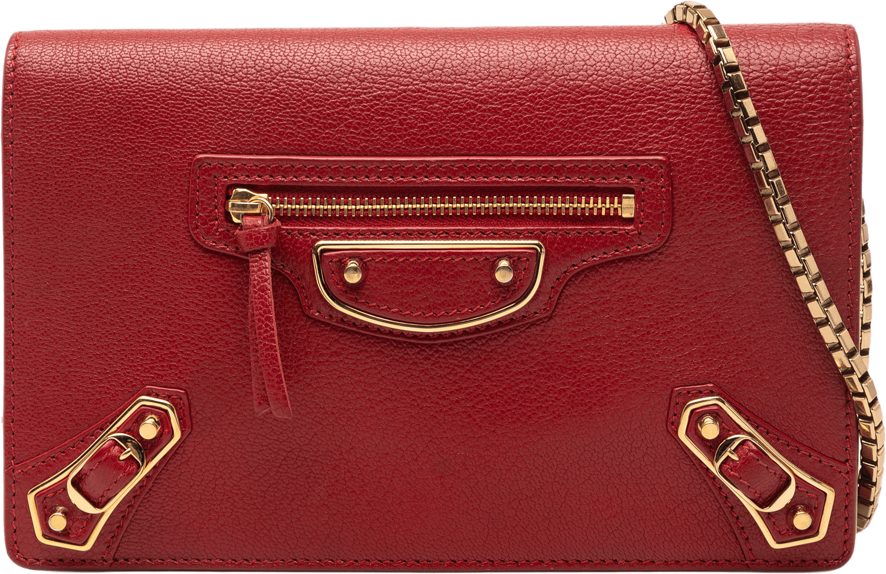 Balenciaga Goatskin Motocross Metallic Edge Wallet On Chain, från Luxclusif, i färgen red.