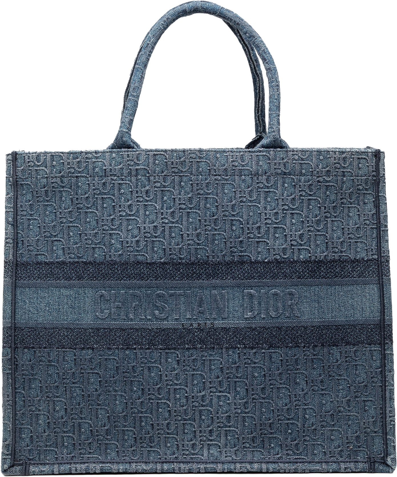 Dior Large Oblique Denim Book Tote, från Luxclusif, i färgen blue.
