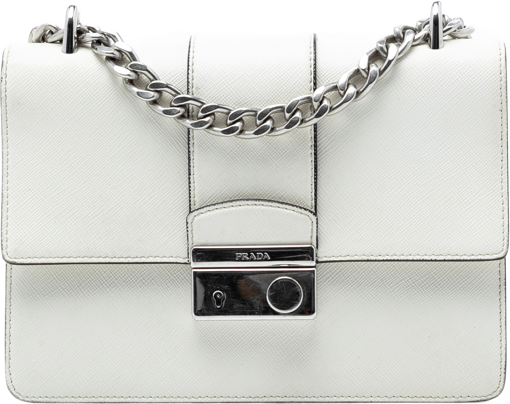 Prada Small Saffiano Sound Lock Chain Crossbody, från Luxclusif, i färgen off white.
