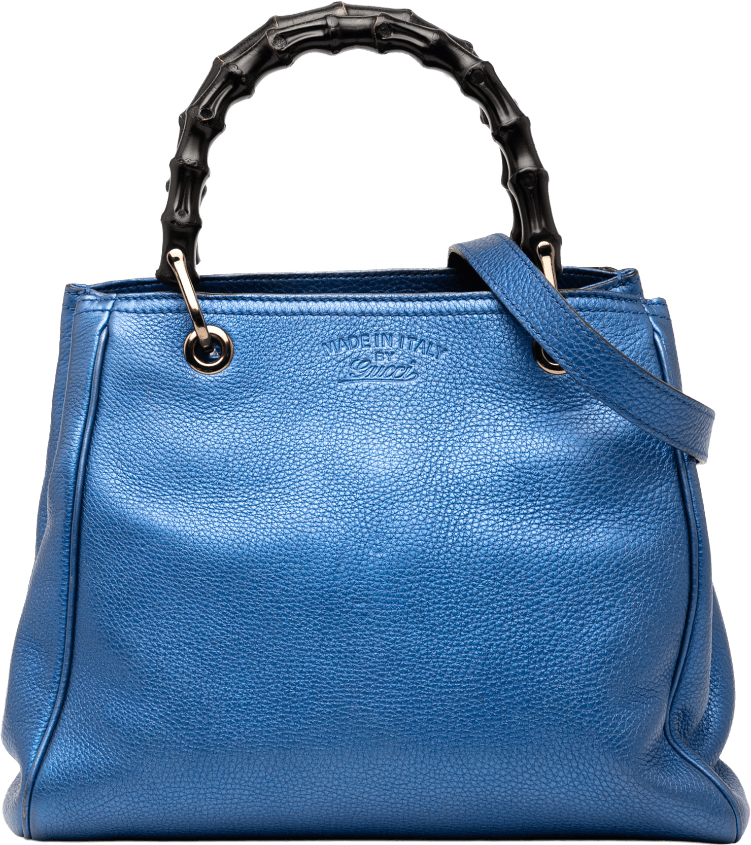 Gucci Small Metallic Calfskin Bamboo Shopper Satchel, från Luxclusif, i färgen blue.