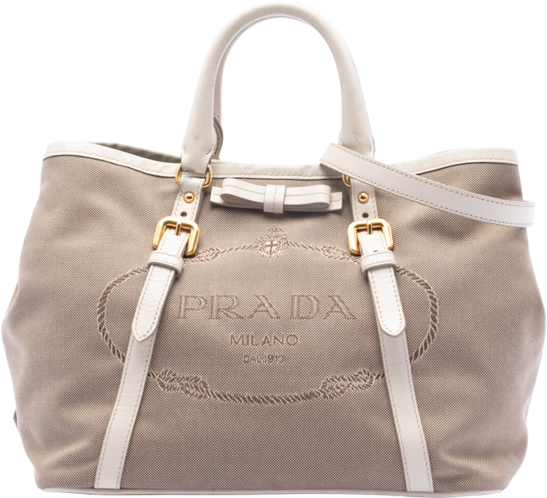 Prada Canvas Canapa Logo Bow Satchel, från Luxclusif, i färgen beige.