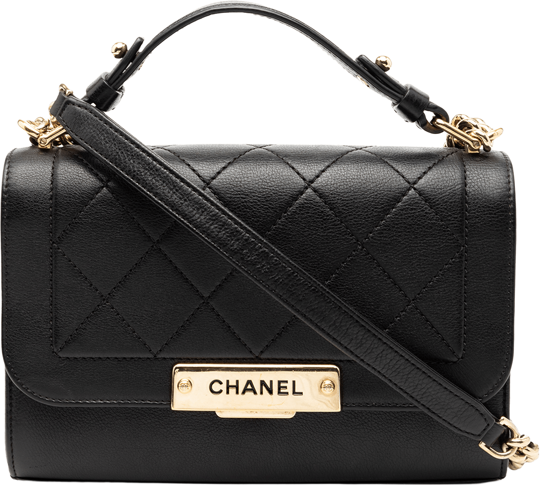 Chanel Small Quilted Grained Calfskin Label Click Flap, från Luxclusif, i färgen black.