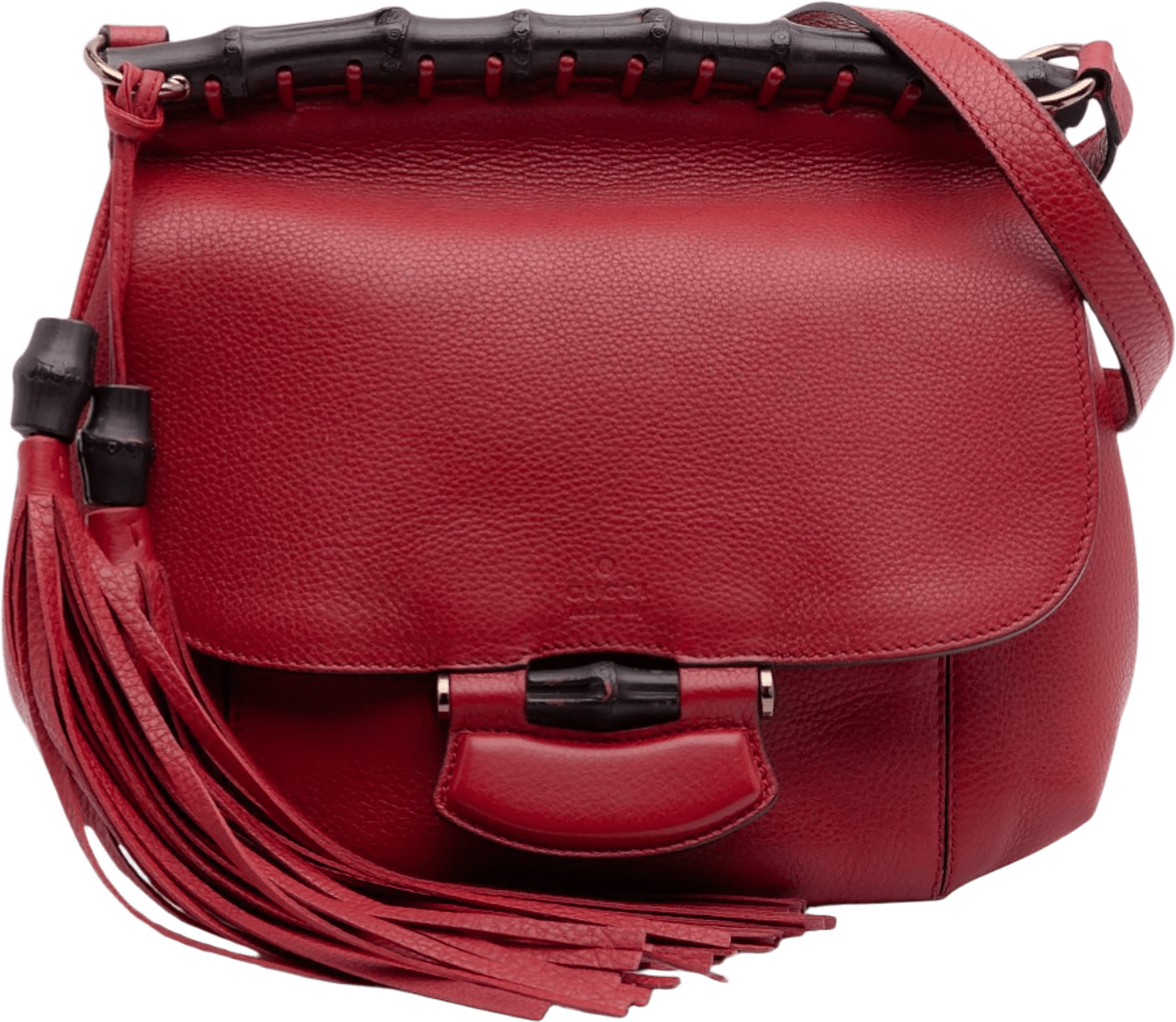 Gucci Medium Leather Bamboo Nouveau Fringe Crossbody, från Luxclusif, i färgen red.
