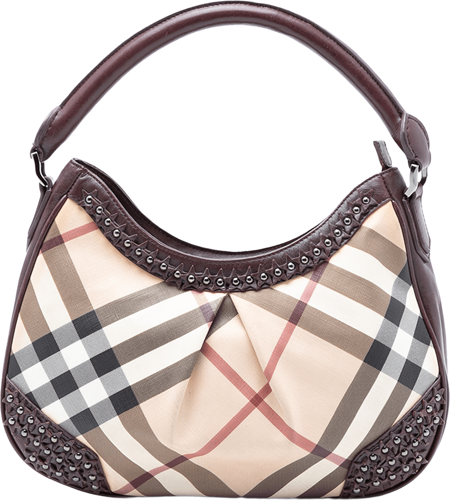 Burberry Supernova Check Coated Canvas Star Studded Hernville Hobo, från Luxclusif, i färgen beige.