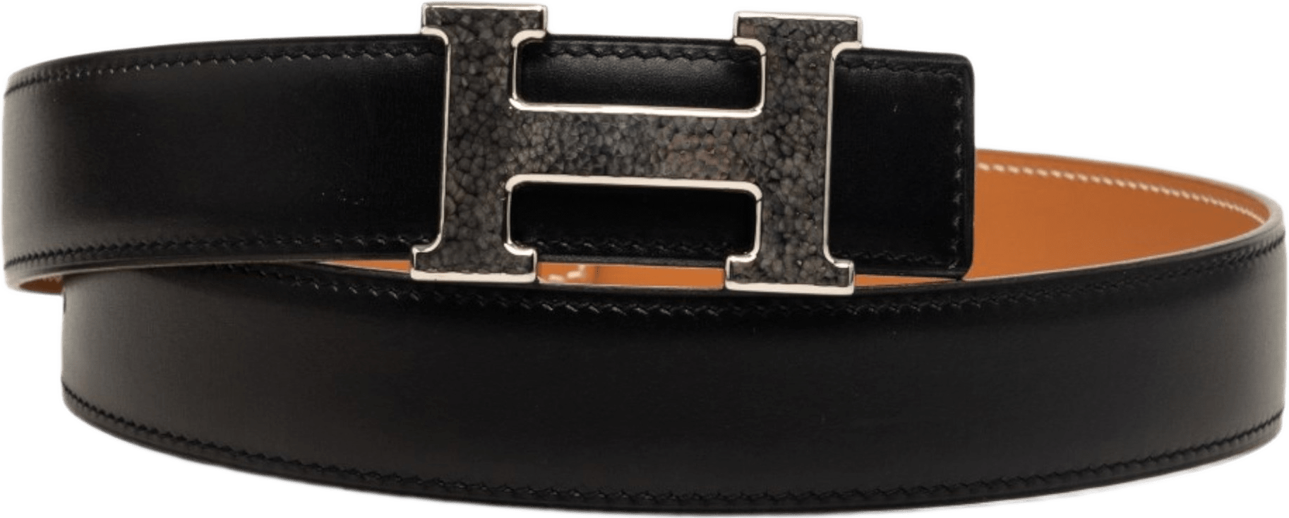 Hermès Box Calf Constance H Martelee Reversible Belt, från Luxclusif, i färgen black.