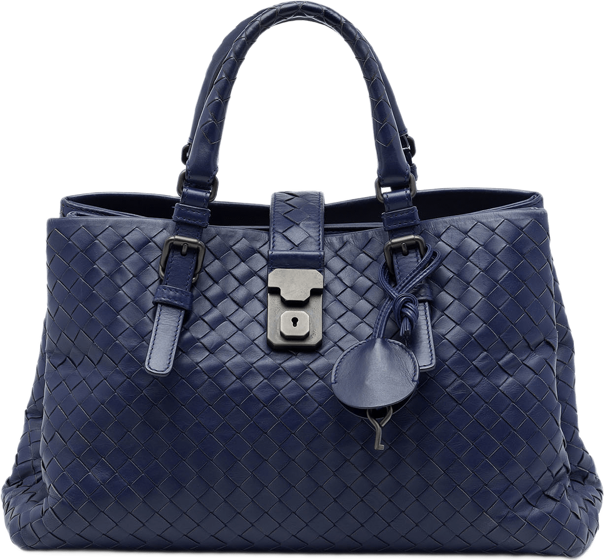 Bottega Veneta Small Nappa Intrecciato Roma Satchel, från Luxclusif, i färgen blå.