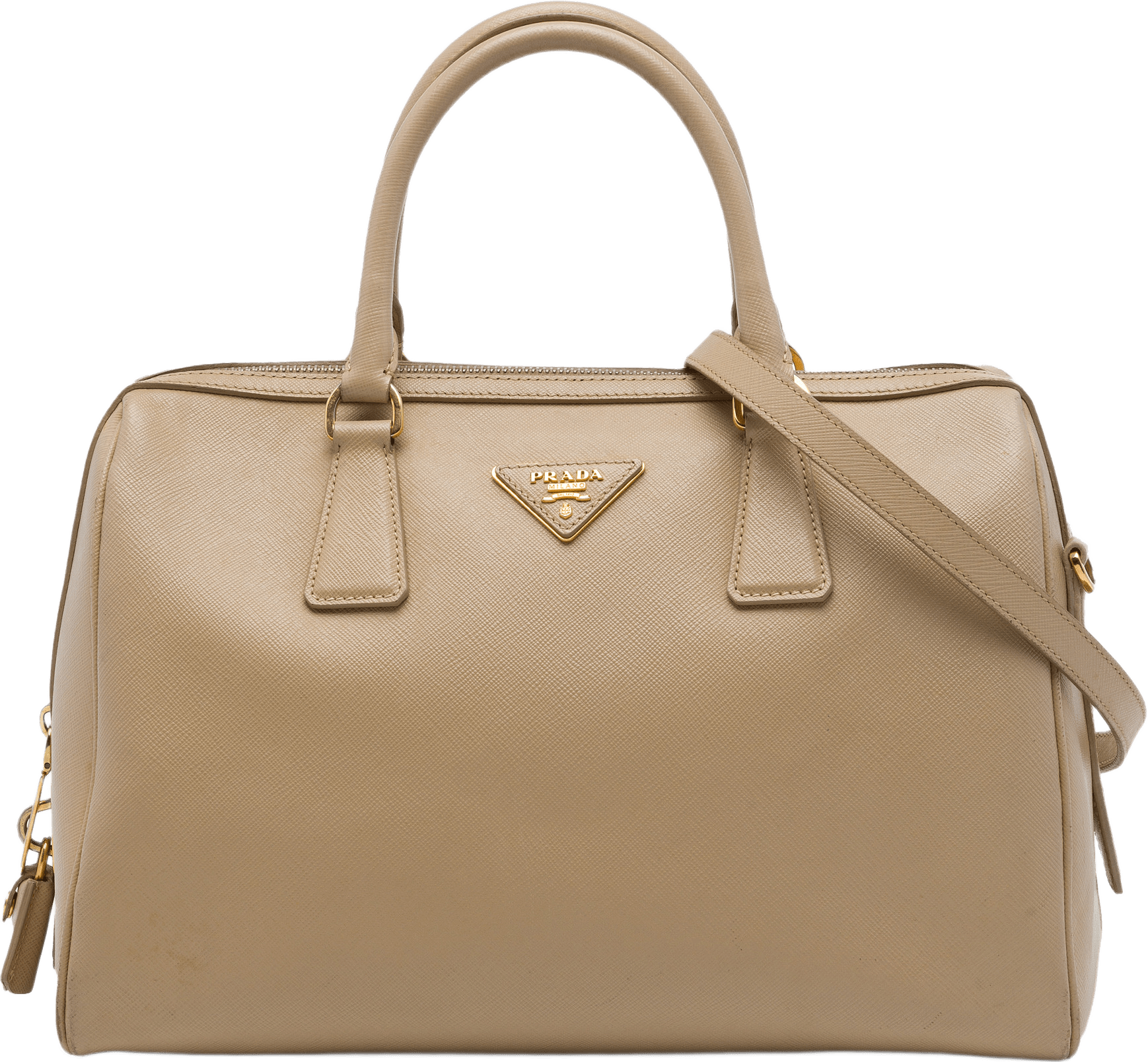 Prada Saffiano Lux Convertible Bowler Bag, från Luxclusif, i färgen beige.