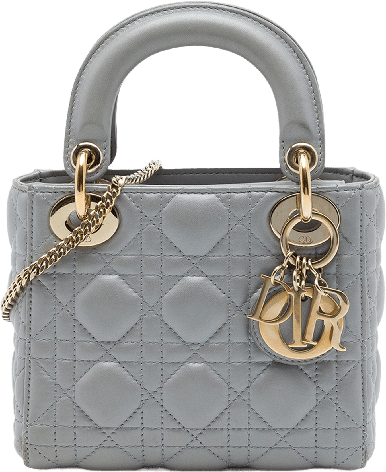 Dior Mini Metallic Lambskin Cannage Lady Dior, från Luxclusif, i färgen grå.