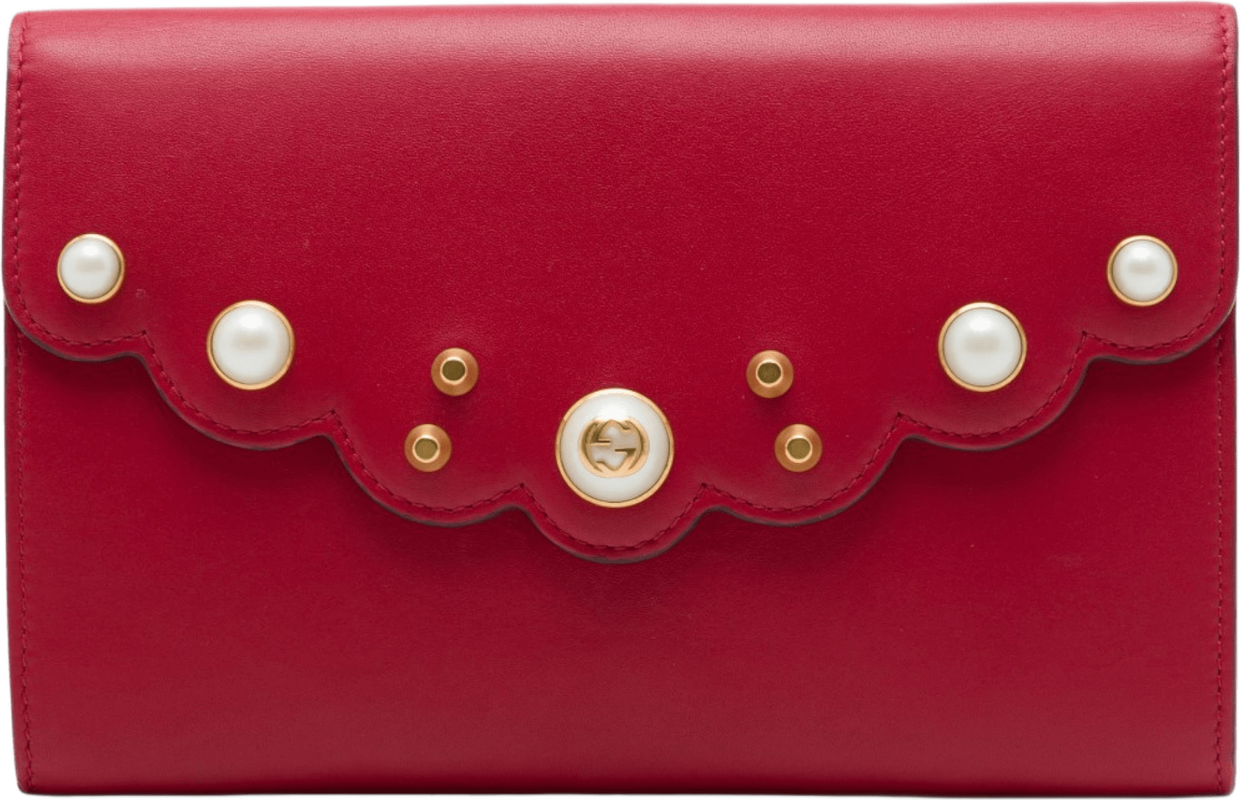 Gucci Calfskin Peony Pearly Clutch, från Luxclusif, i färgen röd.