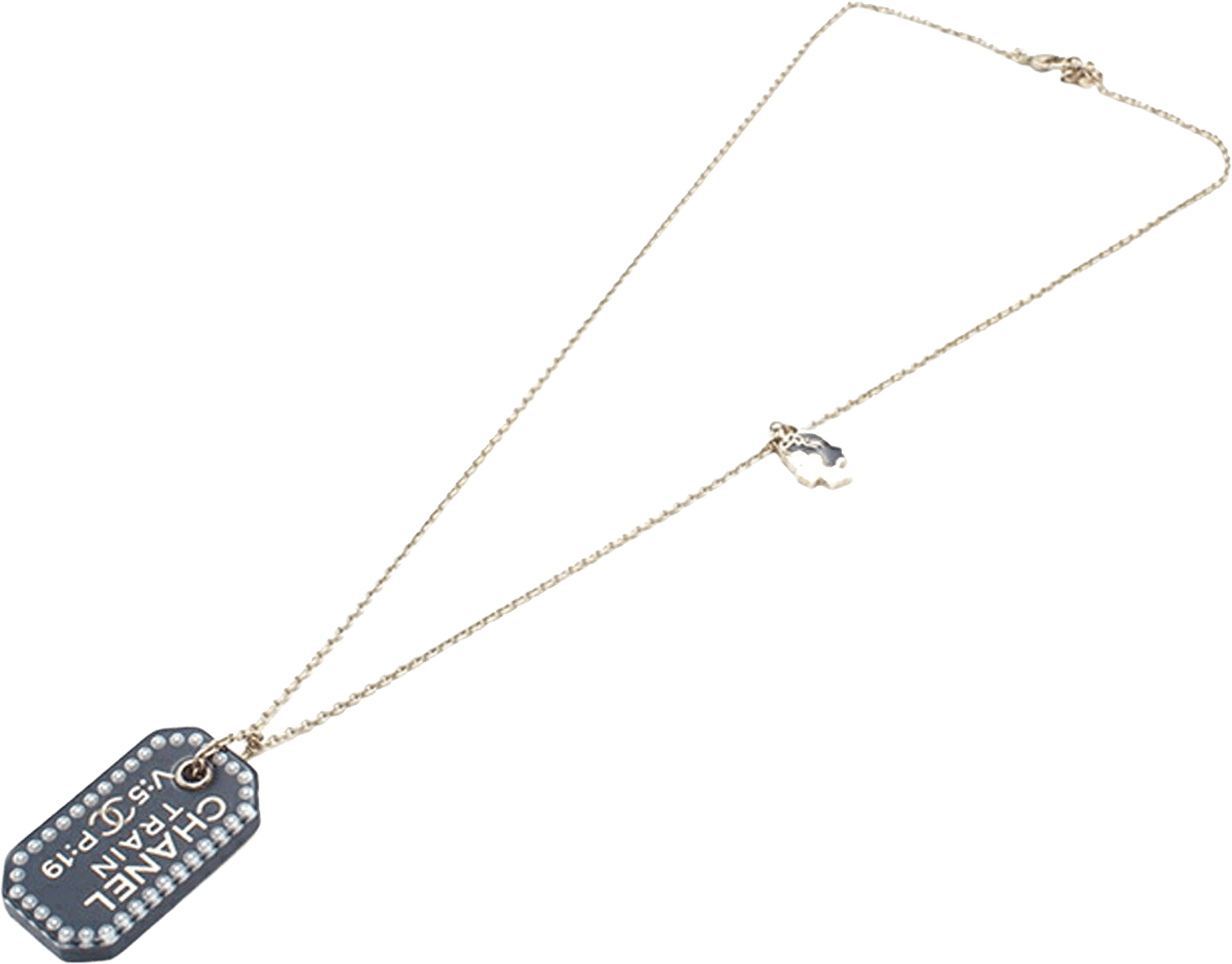 Chanel Gold Plated Resin Train Tag Pendant Necklace, från Luxclusif, i färgen light gold.