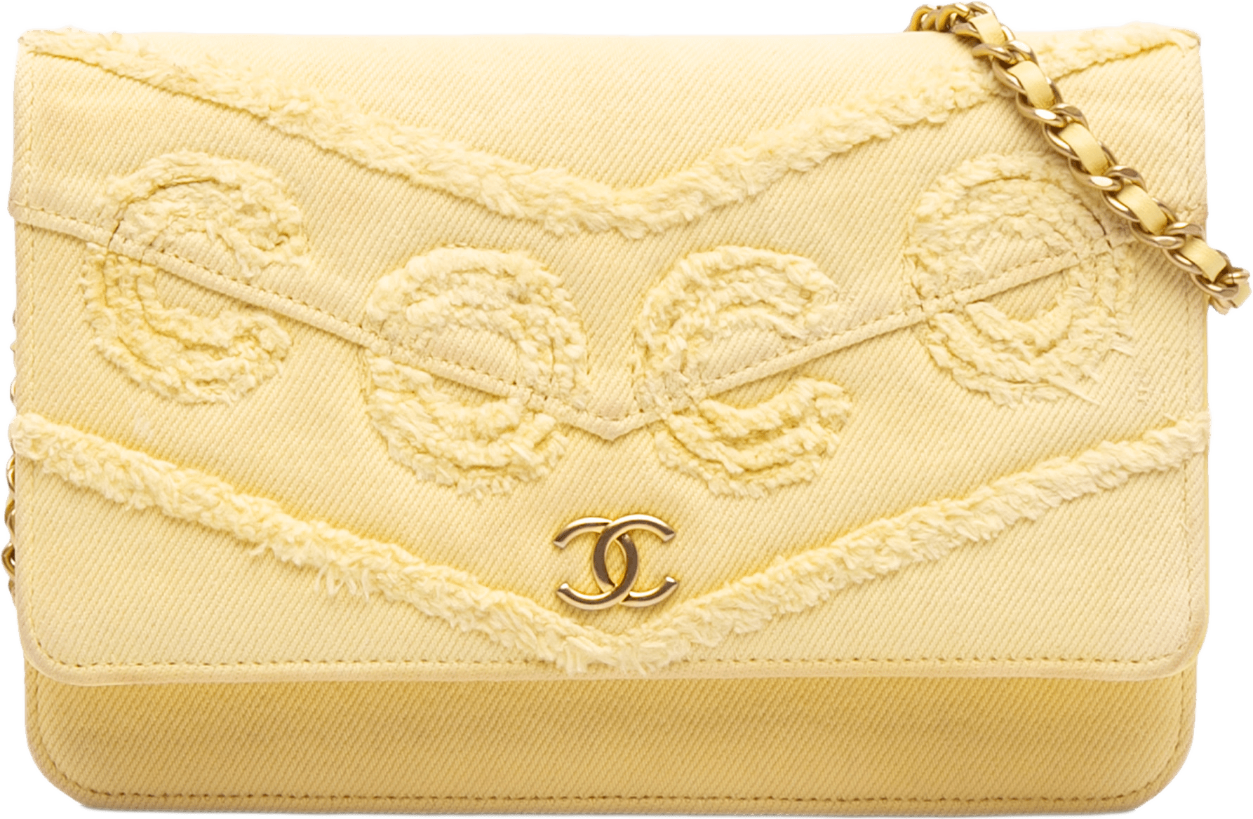 Chanel Denim Fringe Coco Wallet On Chain, från Luxclusif, i färgen gul.