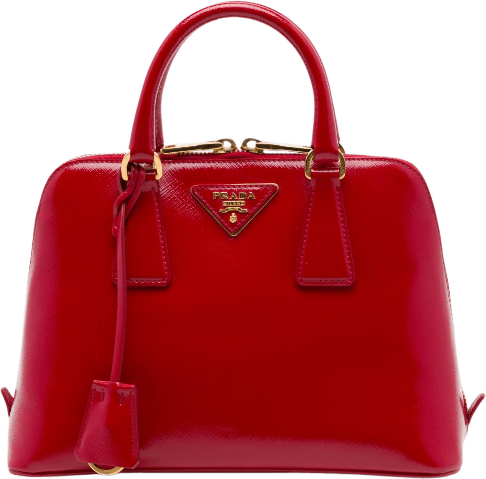 Prada Small Saffiano Vernice Promenade Satchel, från Luxclusif, i färgen röd.