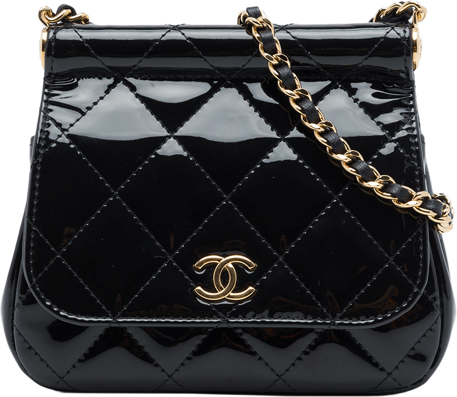 Chanel Cc Quilted Patent Frame Flap Clutch With Chain, från Luxclusif, i färgen svart.