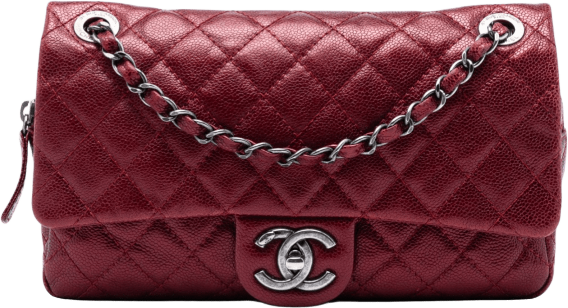Chanel Medium Quilted Iridescent Caviar Easy Flap, från Luxclusif, i färgen dark red.