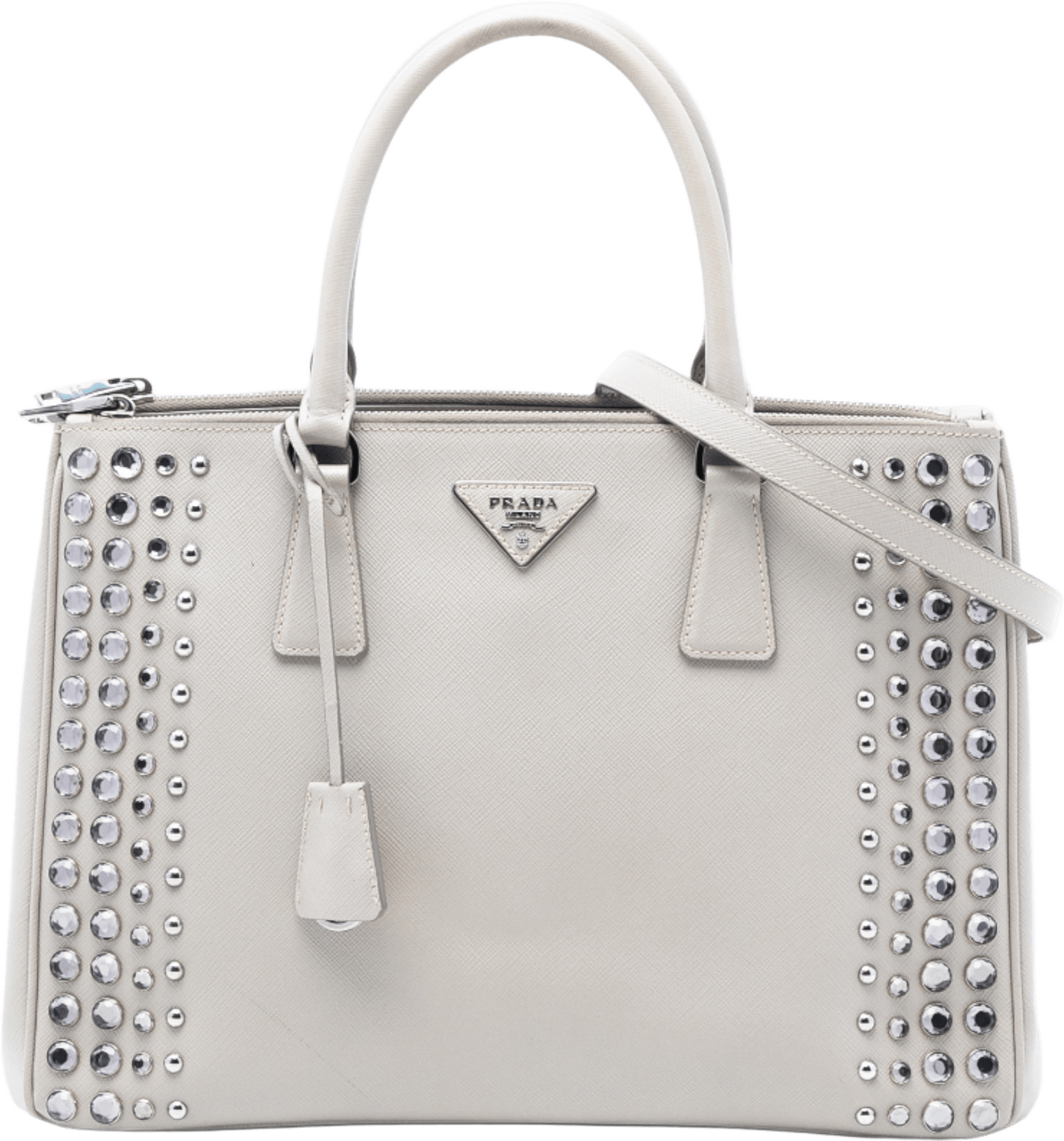 Prada Medium Saffiano Lux Studded Crystal Galleria Double Zip Satchel, från Luxclusif, i färgen light gray.