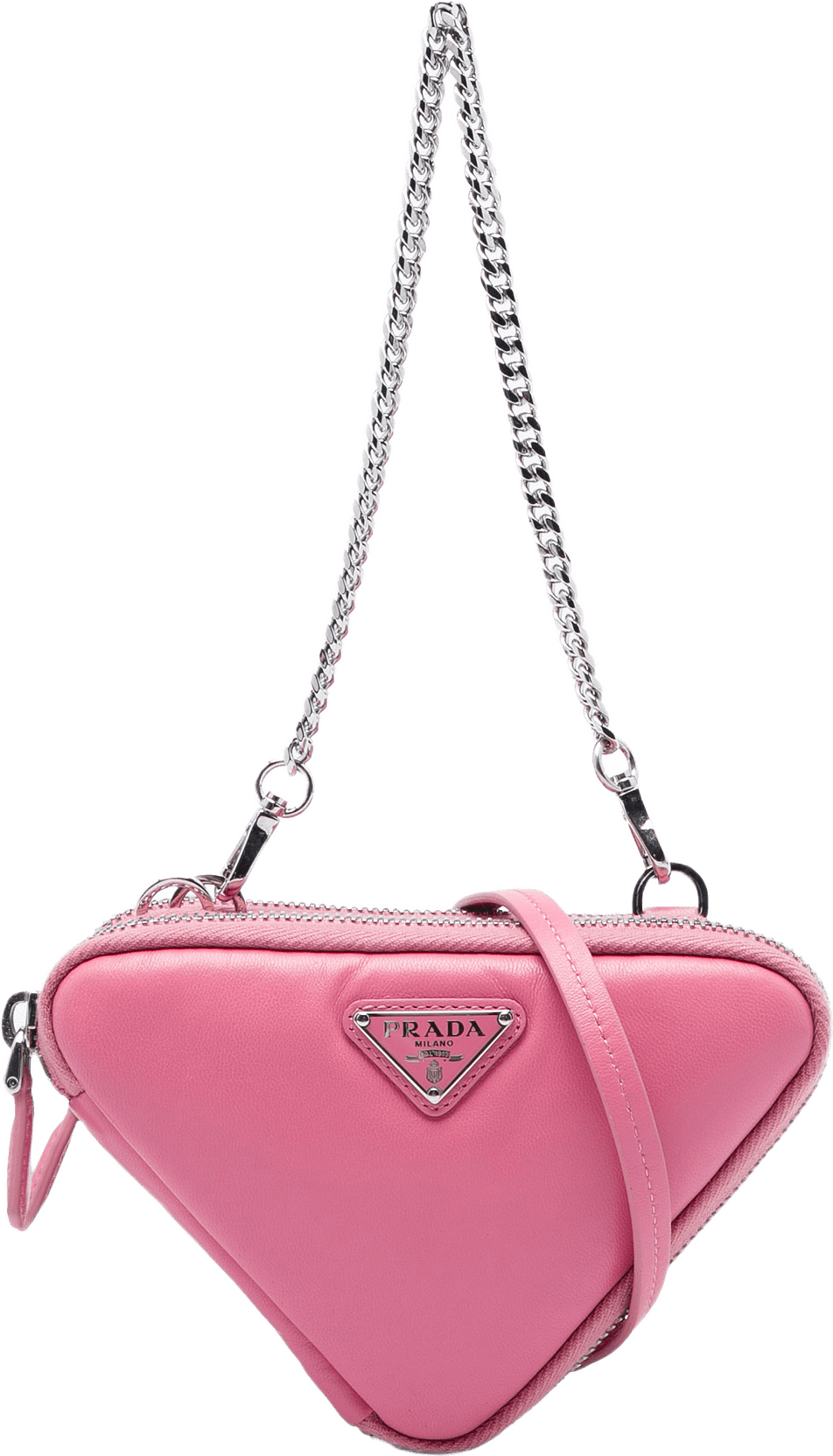 Prada Mini Soft Nappa Triangle Pouch, från Luxclusif, i färgen rosa.