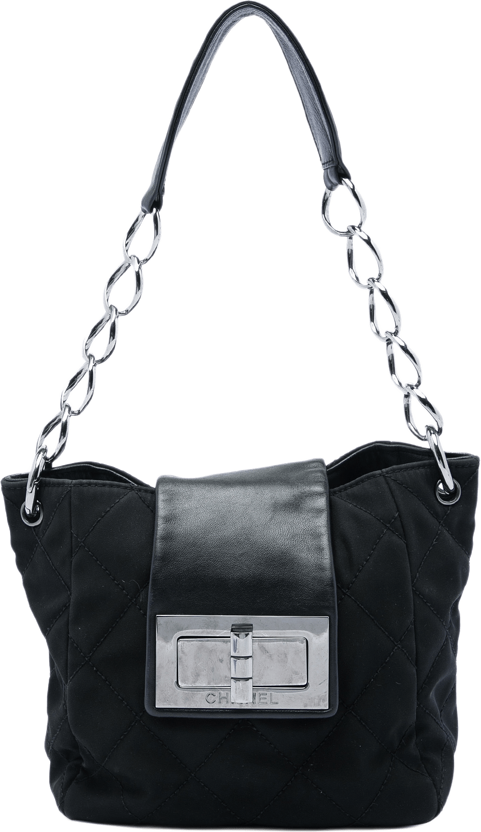 Chanel Quilted Nylon Giant Mademoiselle Turnlock Shoulder Bag, från Luxclusif, i färgen svart.