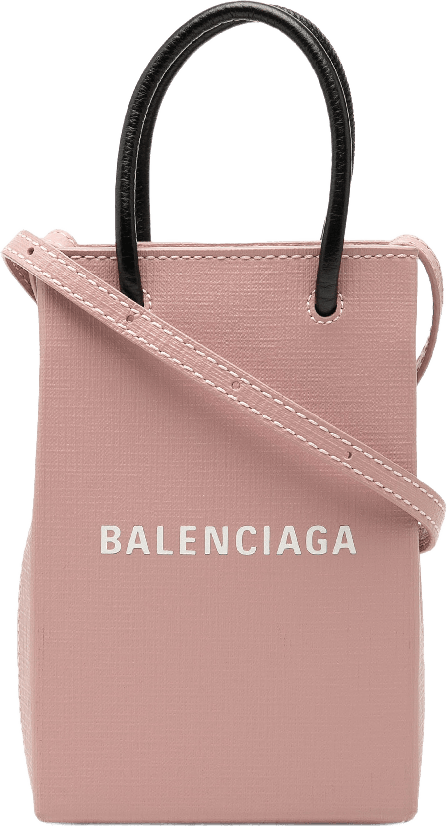 Balenciaga Mini Calfskin Logo Shopping Phone Holder, från Luxclusif, i färgen rosa.