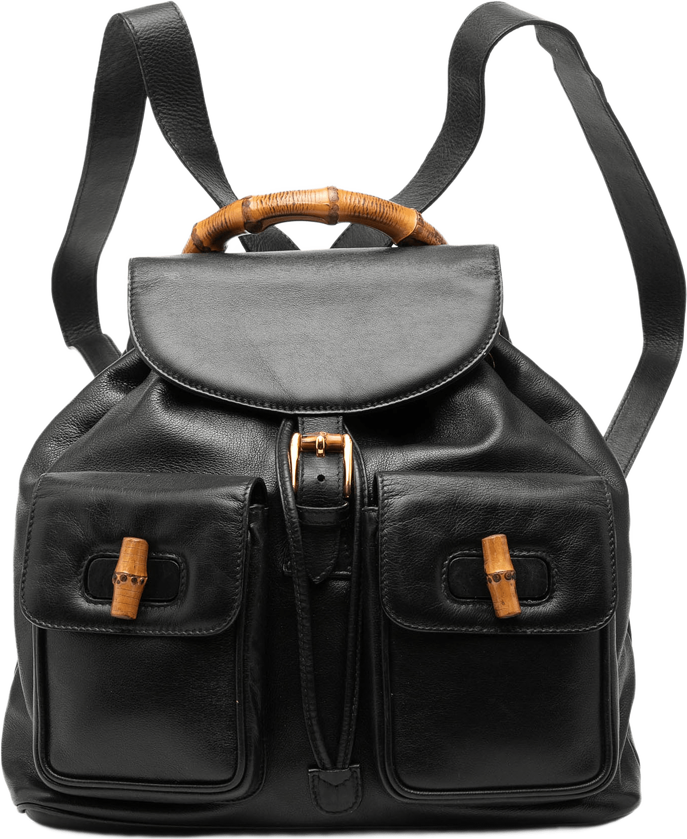 Gucci Calfskin Bamboo Drawstring Backpack, från Luxclusif, i färgen black.