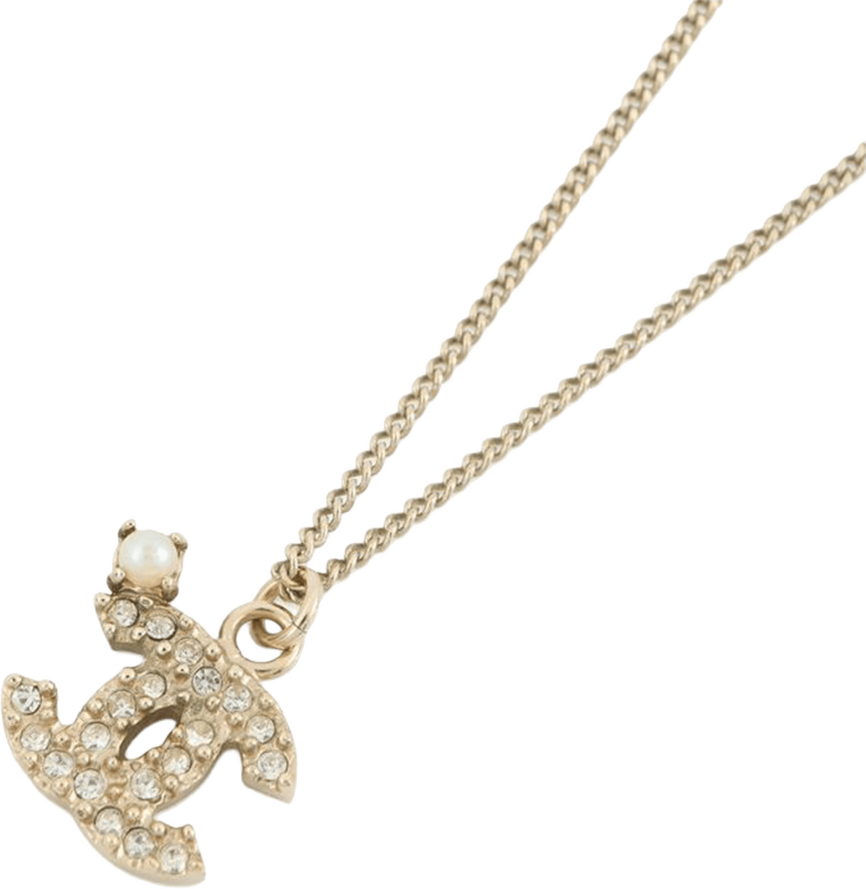 Chanel Cc Crystal Faux Pearl Pendant Necklace, från Luxclusif, i färgen gold.