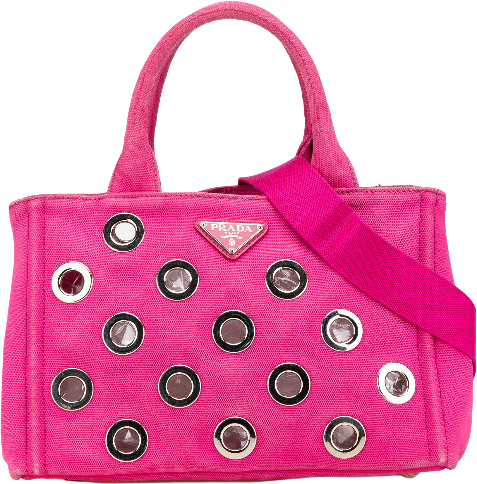 Prada Small Canvas Canapa Grommet Satchel, från Luxclusif, i färgen pink.