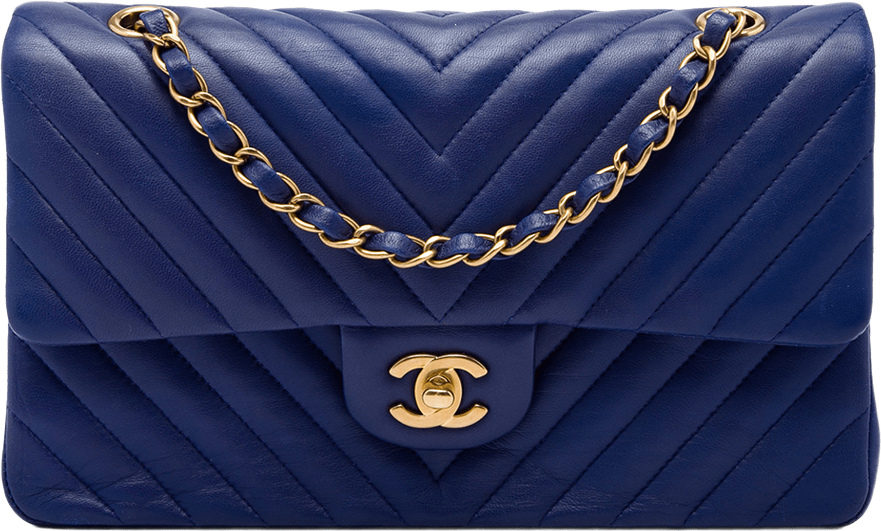 Chanel Medium Classic Chevron Lambskin Double Flap, från Luxclusif, i färgen blå.