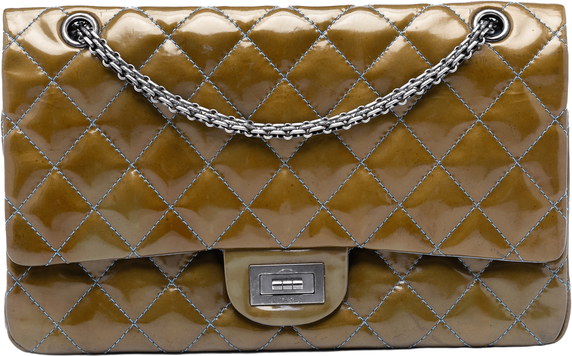 Chanel Quilted Patent Reissue 2.55 Double Flap 227, från Luxclusif, i färgen dark khaki.
