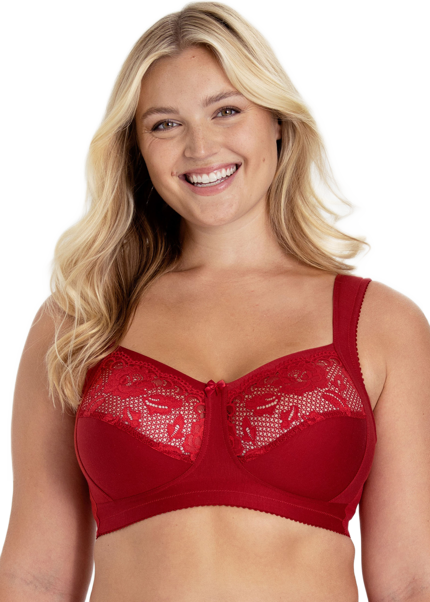 Lovely Lace Support Bomulls-bh Utan Bygel, från Miss Mary of Sweden, i färgen engelsk röd.