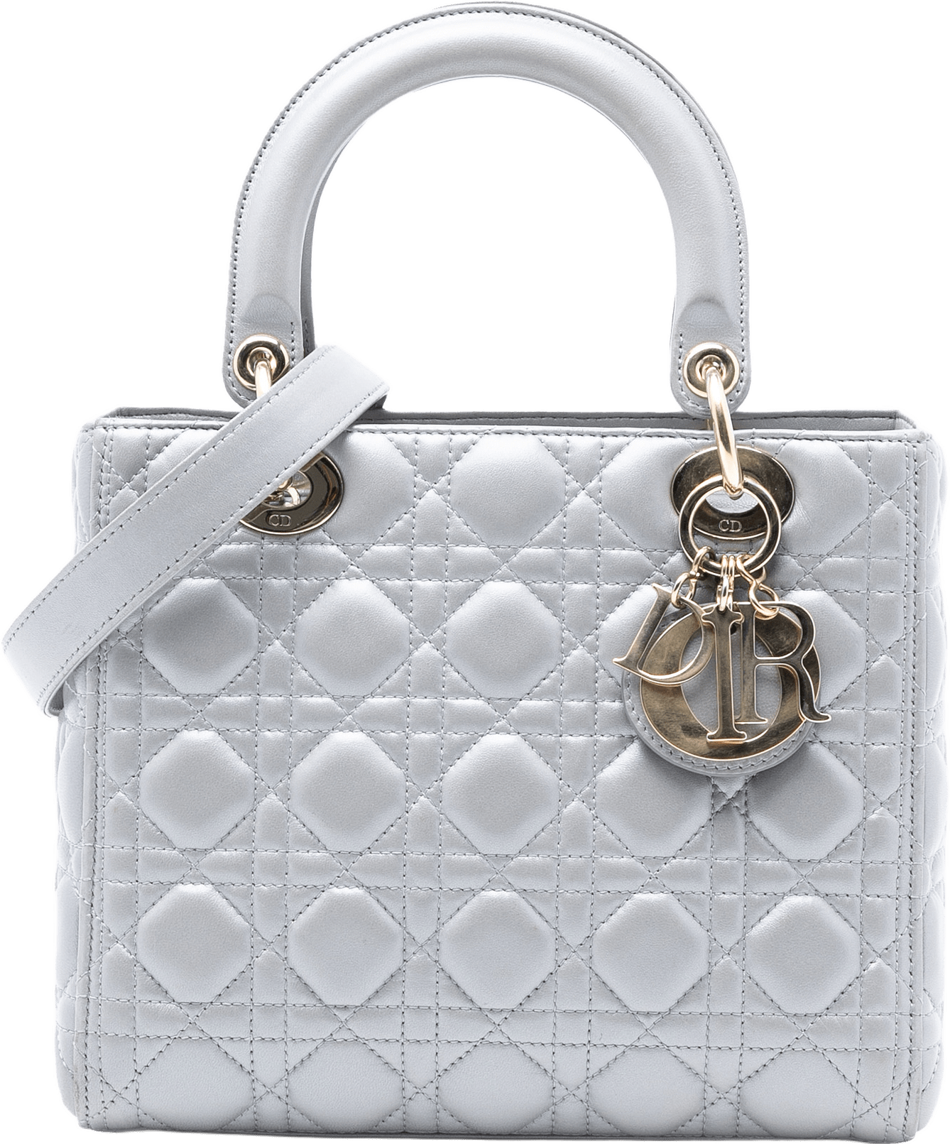 Dior Medium Pearlescent Lambskin Cannage Lady Dior, från Luxclusif, i färgen gray.