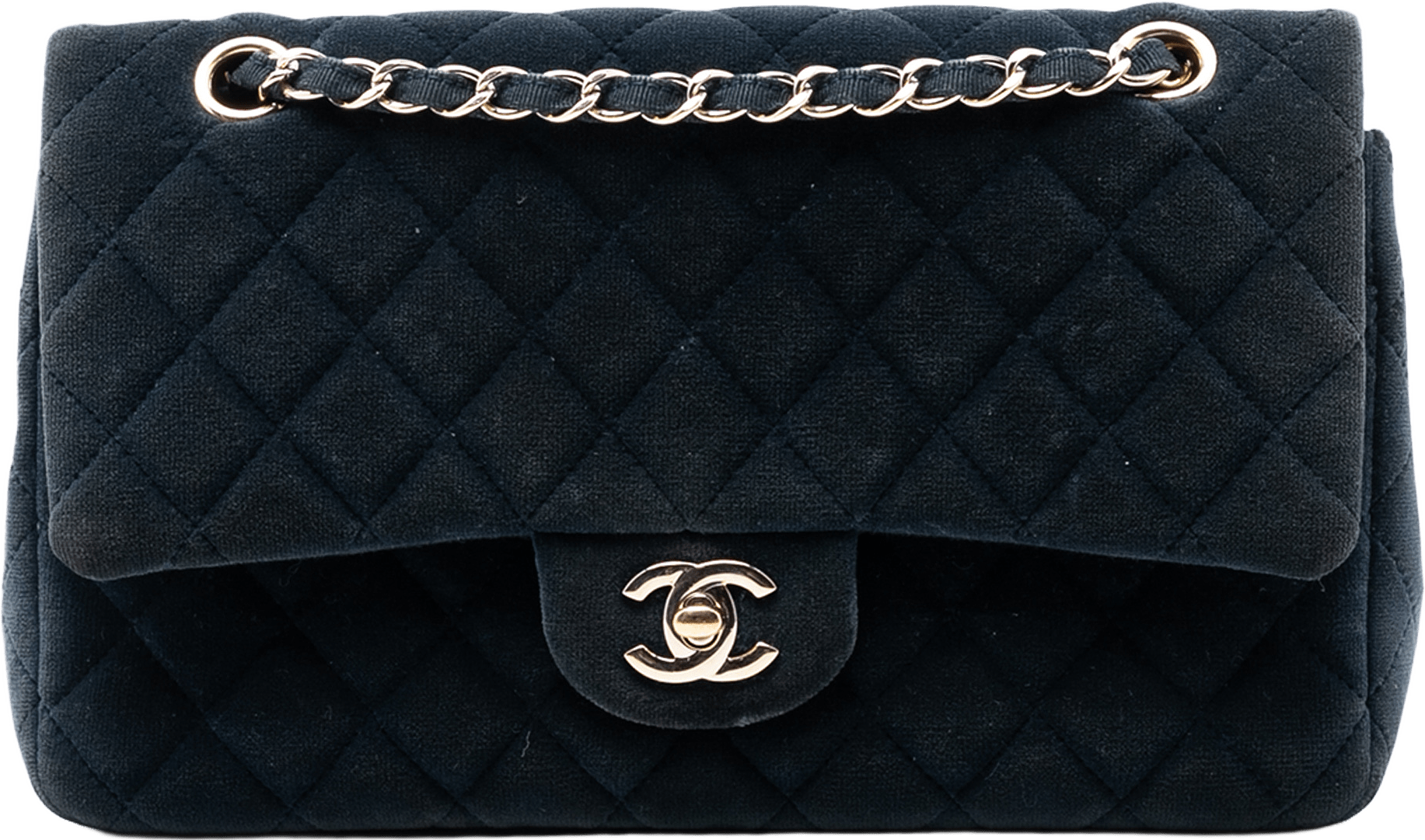 Chanel Medium Classic Velvet Double Flap, från Luxclusif, i färgen navy.