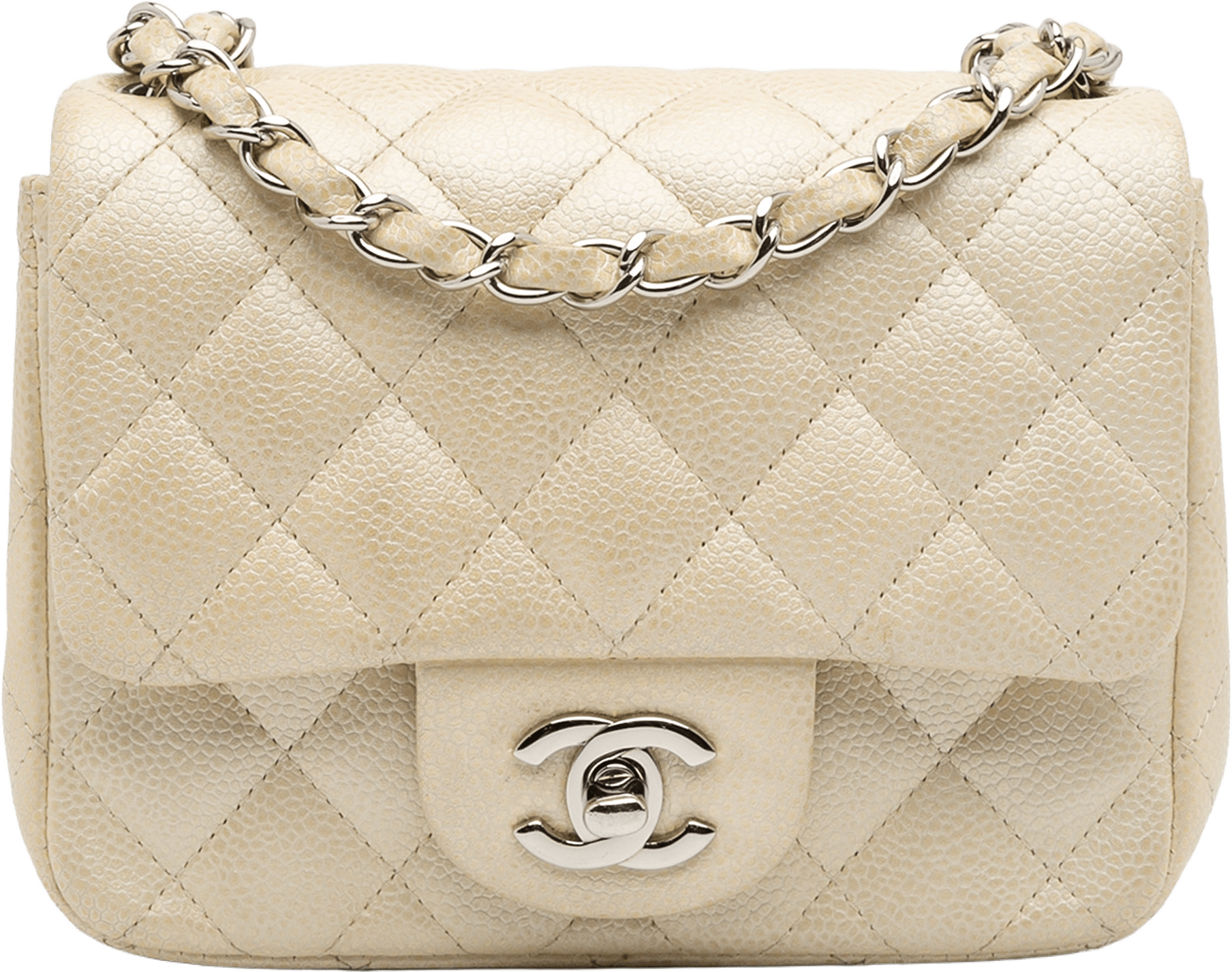 Chanel Mini Square Classic Caviar Single Flap, från Luxclusif, i färgen light gold.