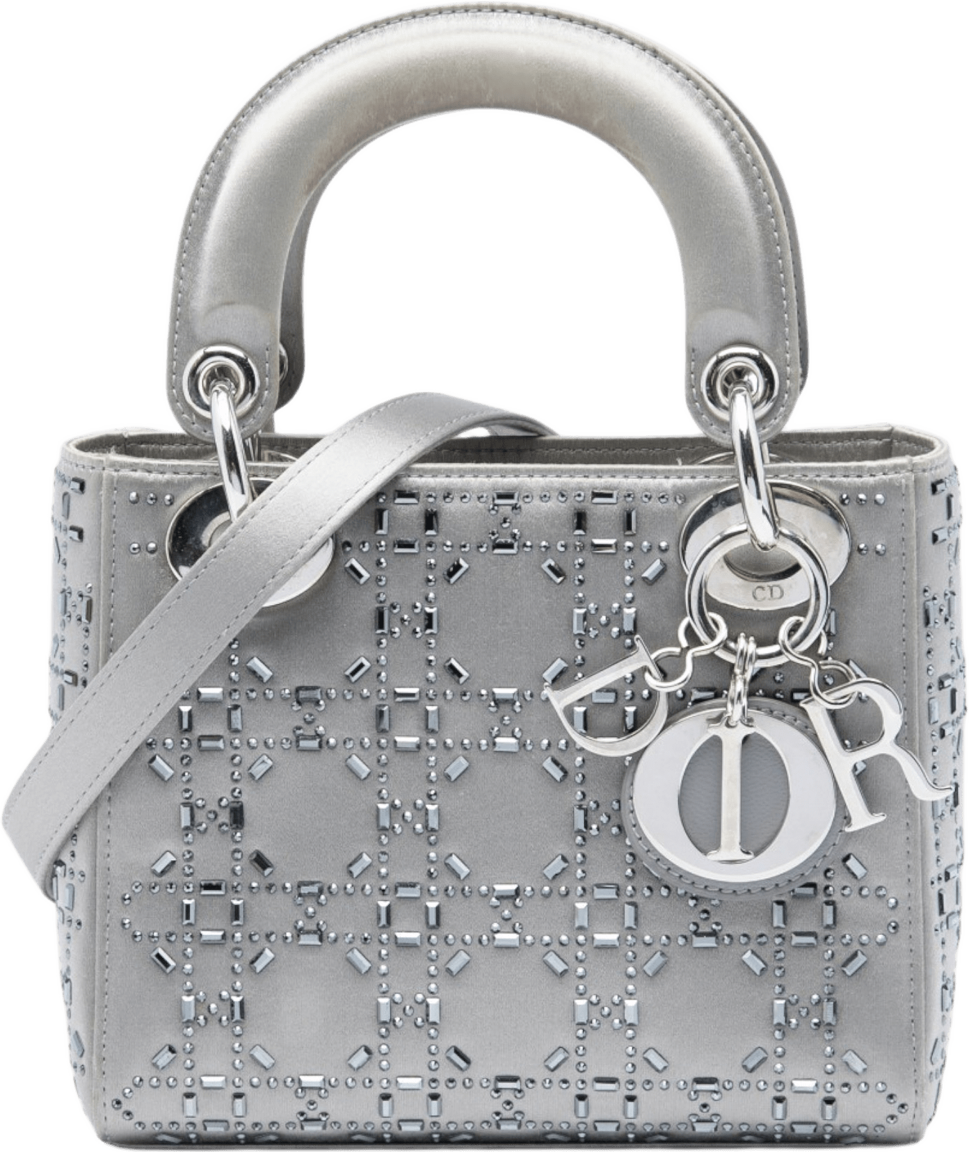 Dior Mini Satin Cannage Crystal Embellished Lady Dior, från Luxclusif, i färgen grå.