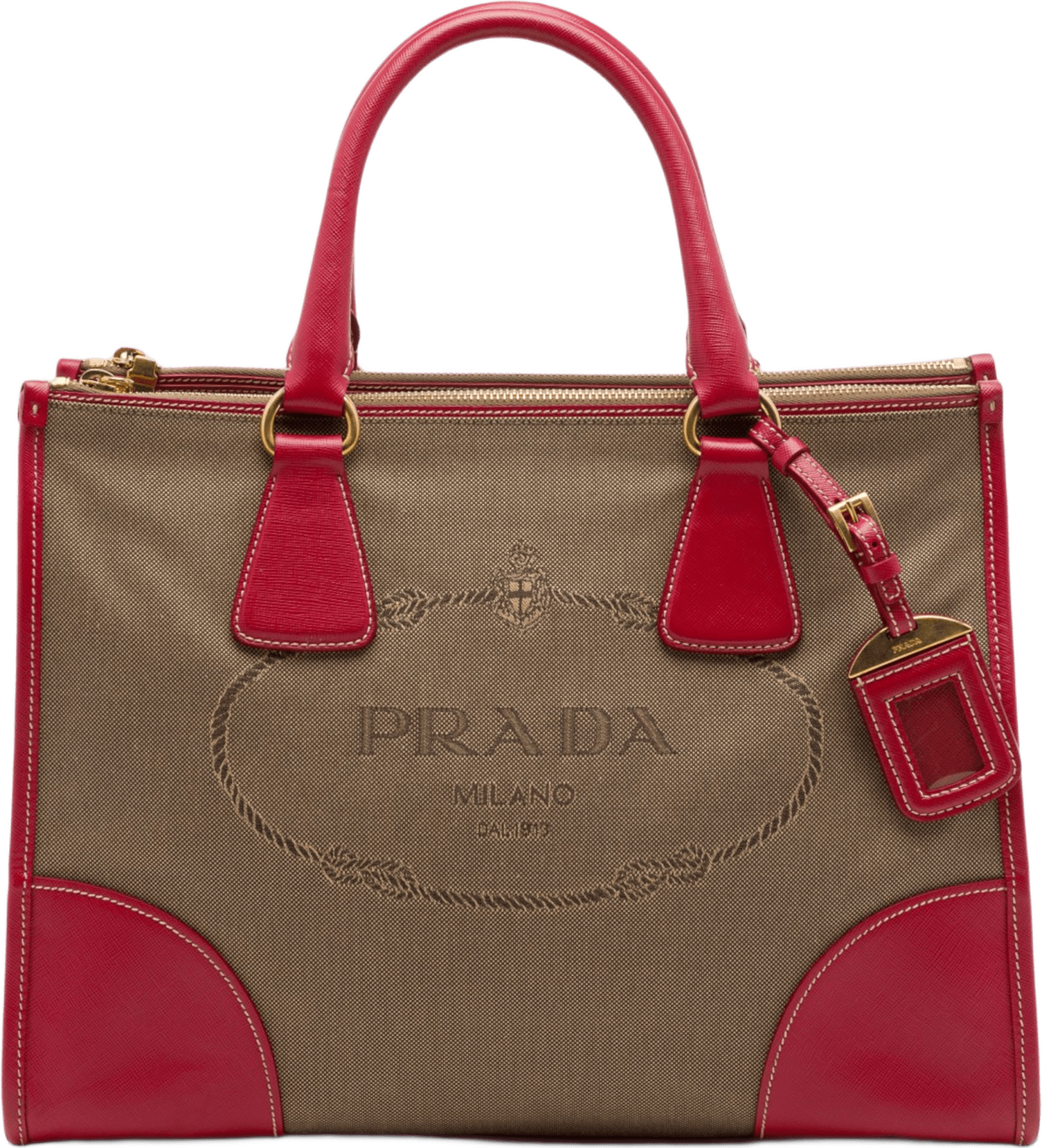 Prada Saffiano Trimmed Canvas Canapa Logo Double Zip Satchel, från Luxclusif, i färgen brun.