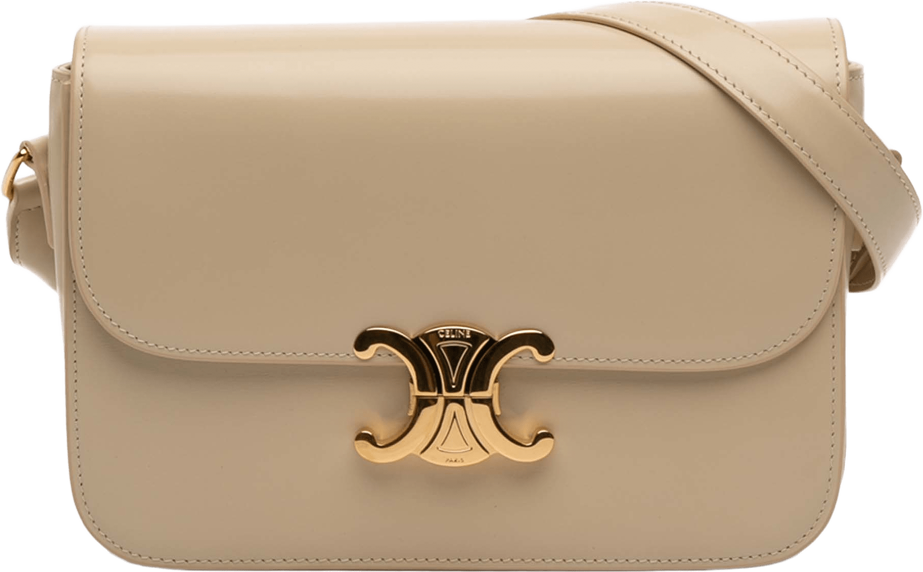 Celine Classique Shiny Calfskin Triomphe Crossbody, från Luxclusif, i färgen beige.