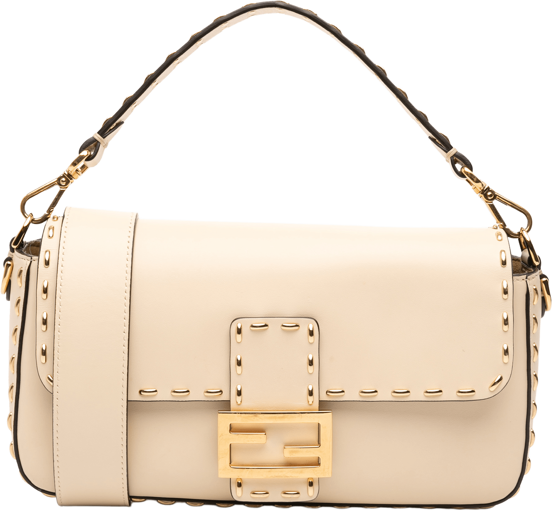 Fendi Leather Metal Stitch Baguette Satchel, från Luxclusif, i färgen light beige.