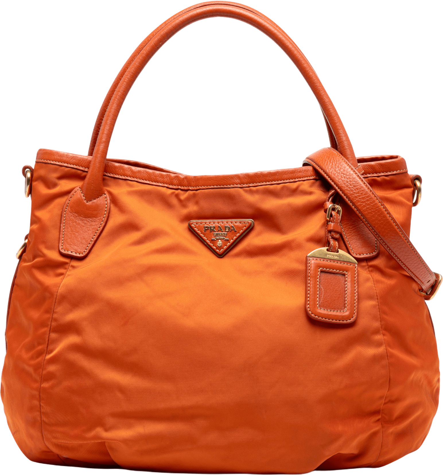 Prada Vitello Daino Trimmed Tessuto Satchel, från Luxclusif, i färgen orange.